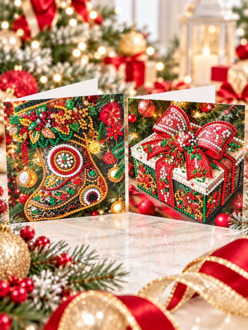Christmas Cards – Festive Red & Green Jeweled Present and Stocking